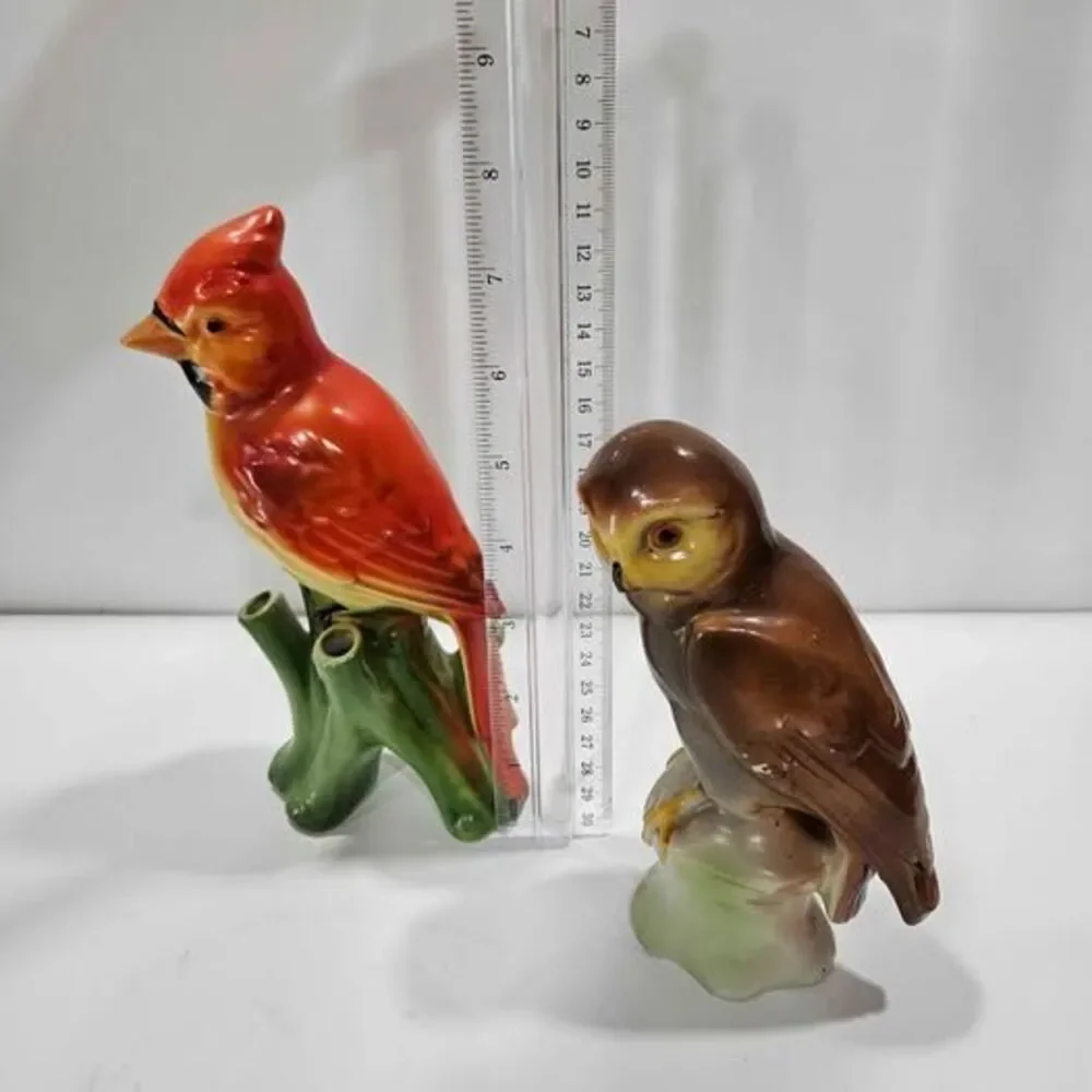 German Vintage Ceramic Cardinal and Owl Figurines